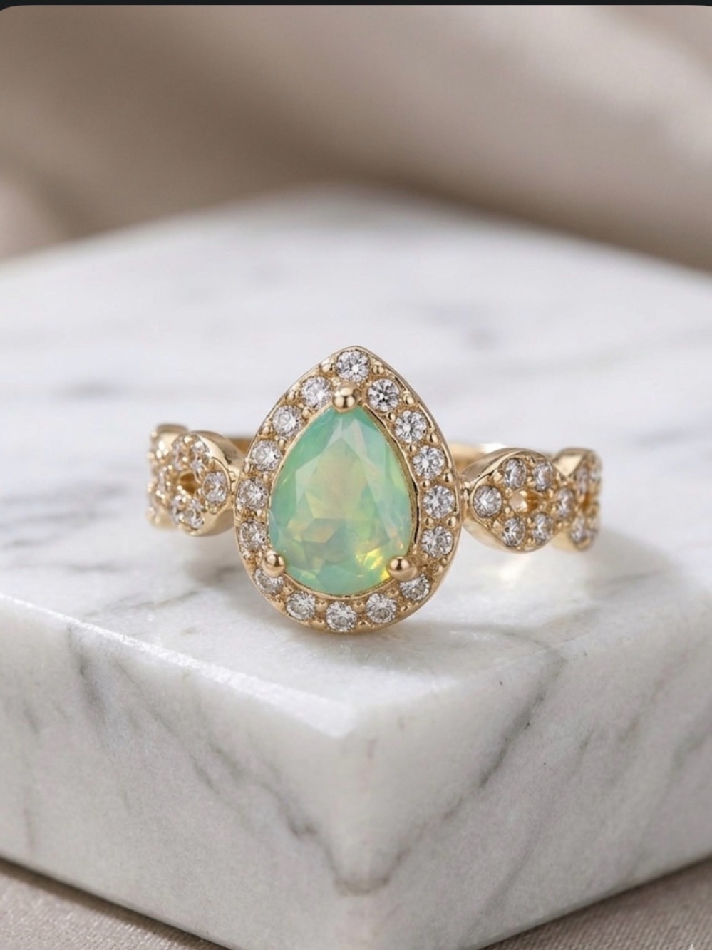 Vintage Teardrop Opal Rhinestone Ring Gold Tone Size 7.75